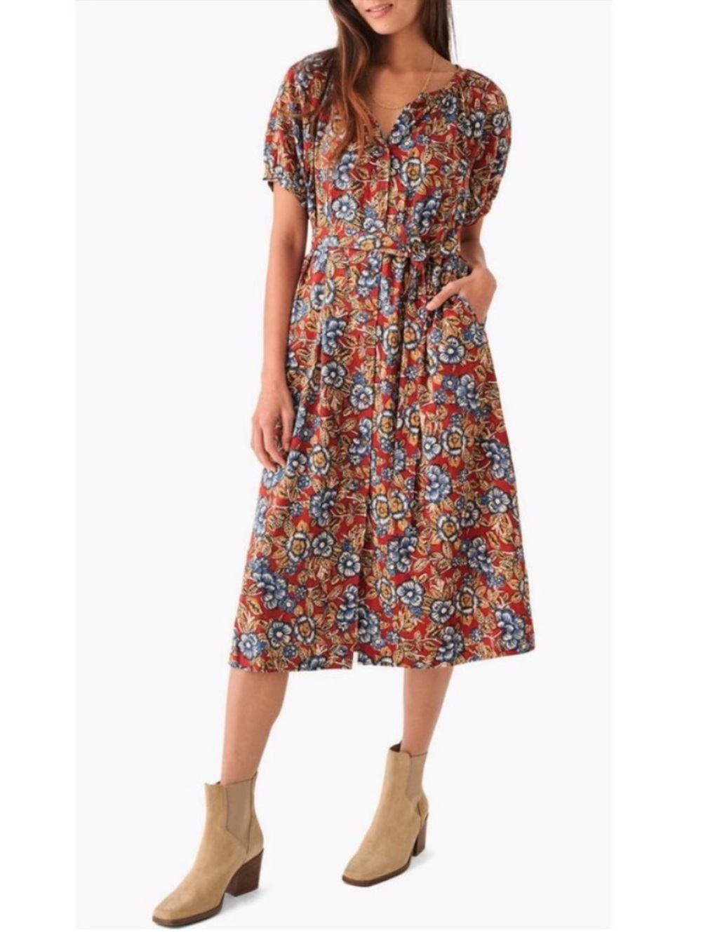 Faherty Red Linen Floral Dress